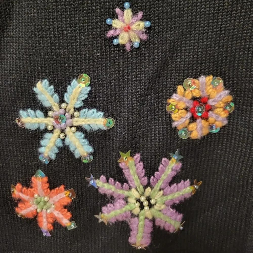 Black Cardigan Multicolor Embroidered Snowflakes Beaded & Sequined Neckline- L‎